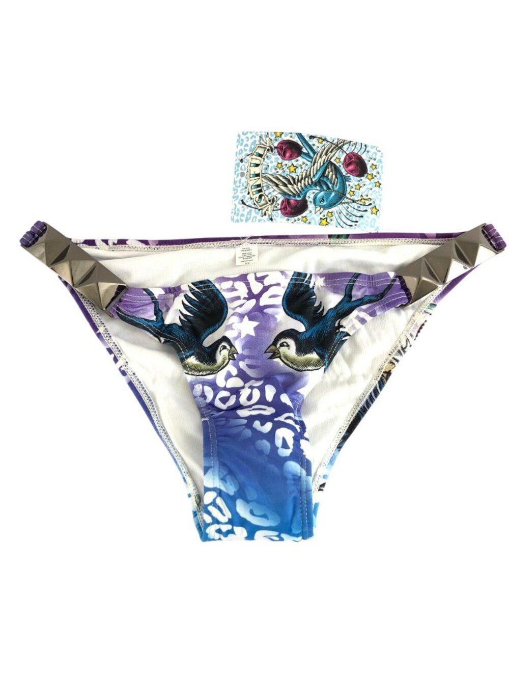 Sinful by Affliction Bikini Bottom Studded Birds Leopard Rhinestone Blue Size XS